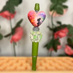 Colorful Fairy Princess Heart and Green Butterfly Handmade Beaded Pen